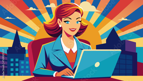 happy business woman with laptop pop art retro sty 