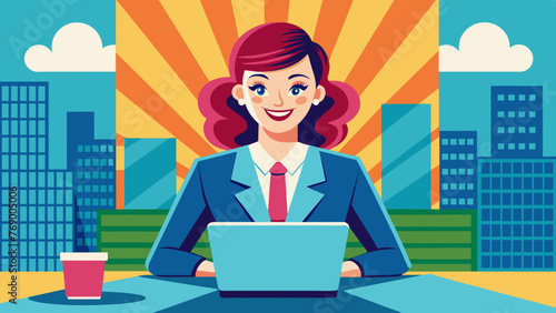 happy business woman with laptop pop art retro sty 