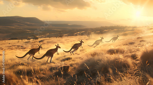 A group of kangaroos hopping across the Australian outback