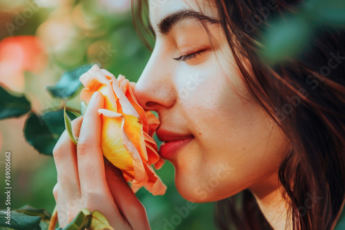 Close-up profile of a young, vibrant woman savoring the scent of a rose