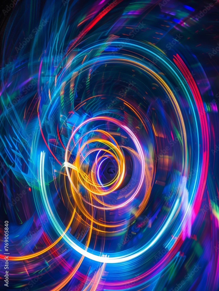 Multicolored lights illuminate the darkness in an abstract pattern, creating a vibrant and contrasted visual display Multicolored lights illuminate the darkness in an abstract pattern, creating a vibrant and contrasted visual display