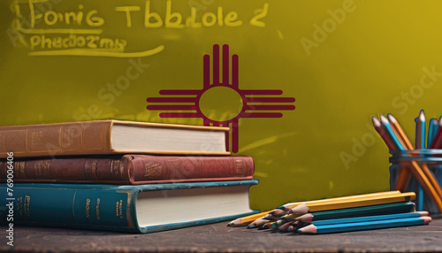 Books with pencils on the background of the New Mexico flag. Concept of school education, higher education, training courses. photo