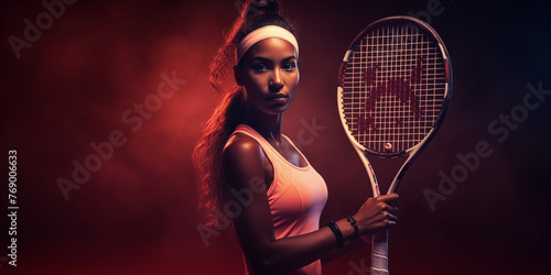 Pretty black woman tennis player athlete. Sports, diversity and inclusion concept. Related to the themes of mentorship, mentor, role model, support, encouragement, focus, concentration, commitment  © ana