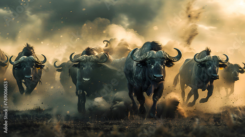 A herd of buffalo kicking up dust as they stampede