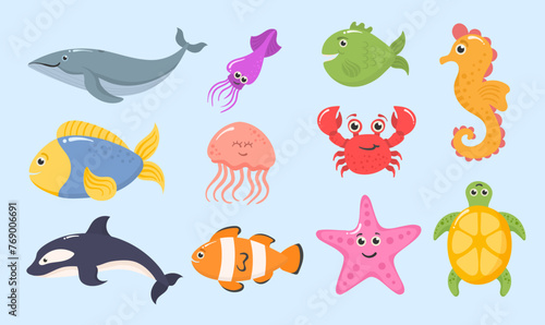 Set of funny ocean animals isolated on a white background. Sea creatures. Marine animals and aquatic plants. Underwater creature set vector isolated. Funny cartoon character. Vector illustration. 