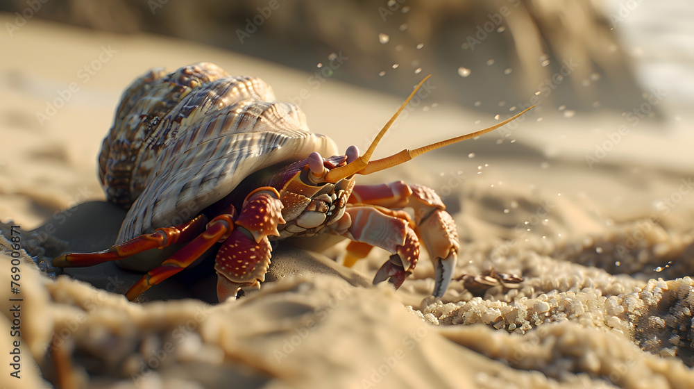 A hermit crab exploring its sandy beach habitat