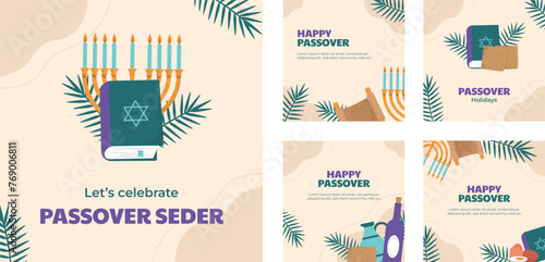 Hand drawn instagram posts collection for jewish passover celebration