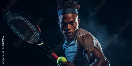 Handsome black man tennis player athlete. Sports, diversity and inclusion concept. Related to the themes of overcome, dominate, ascend, rise, soar, conqueror, glory, power, strength, speed, agility,   © ana