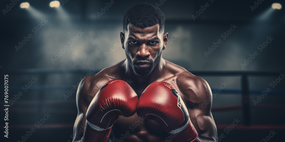 Handsome black man boxer athlete. Sports, diversity and inclusion concept. Related to the themes of winning, achievement, challenge, competition, excellence, motivation, inspiration, dedication