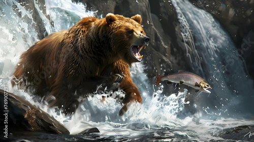 A majestic grizzly bear catching salmon in a rushing river photo