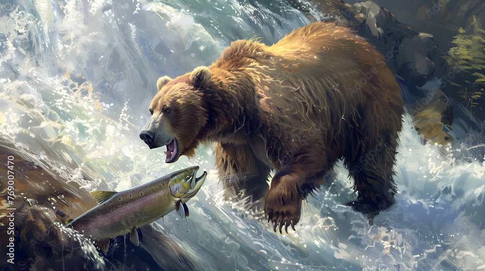A majestic grizzly bear catching salmon in a rushing river A majestic grizzly bear catching salmon in a rushing river