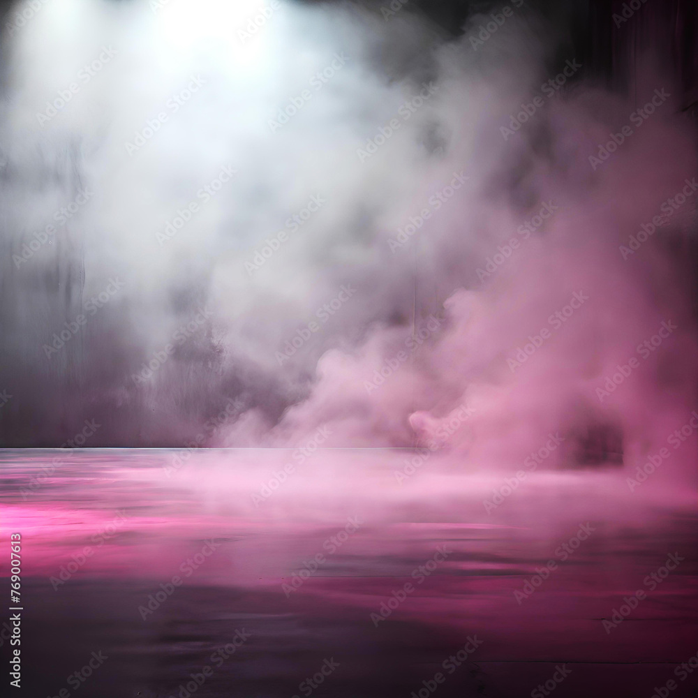 street style, abstract pink background, spotlights, concrete floor and studio room with faint smoke