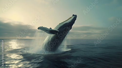 A majestic humpback whale breaching out of the ocean © Muhammad
