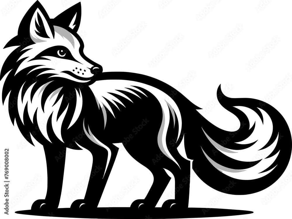 Fototapeta premium Vector illustration capturing a fox with its bushy tail and alert expression in black and white, emphasizing its cunning and agility
