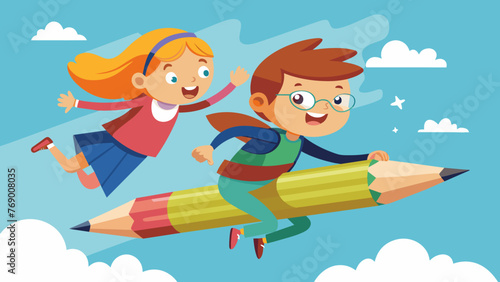 illustration of cartoon boy and girl flying on a p