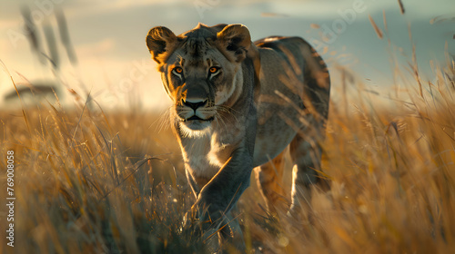 A majestic lioness prowling through the savannah