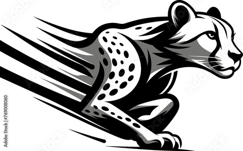 Vector illustration of a cheetah in mid-sprint focusing on its sleek form and intense focus captured in black and white