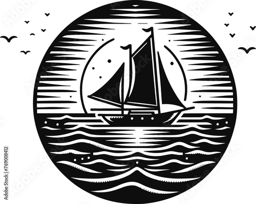 Black vector illustration on white background of a sailboat on the horizon, depicting sea travel and adventure for nautical themes.