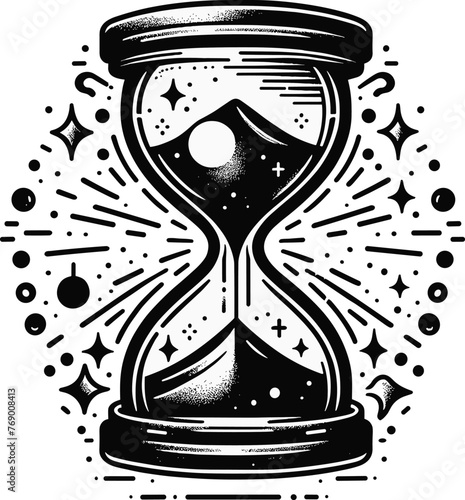 Black vector illustration on white background of an hourglass, detailed to symbolize time, patience, and passage of moments for philosophical themes.