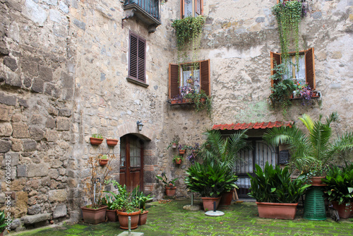 Piazzetta nel borgo di Montefiascone con abitazione in pietra vasi e piante