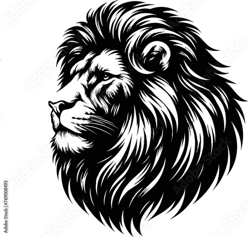 Black vector illustration on white background, capturing a lion's majestic mane and stoic pose, for wildlife conservation.