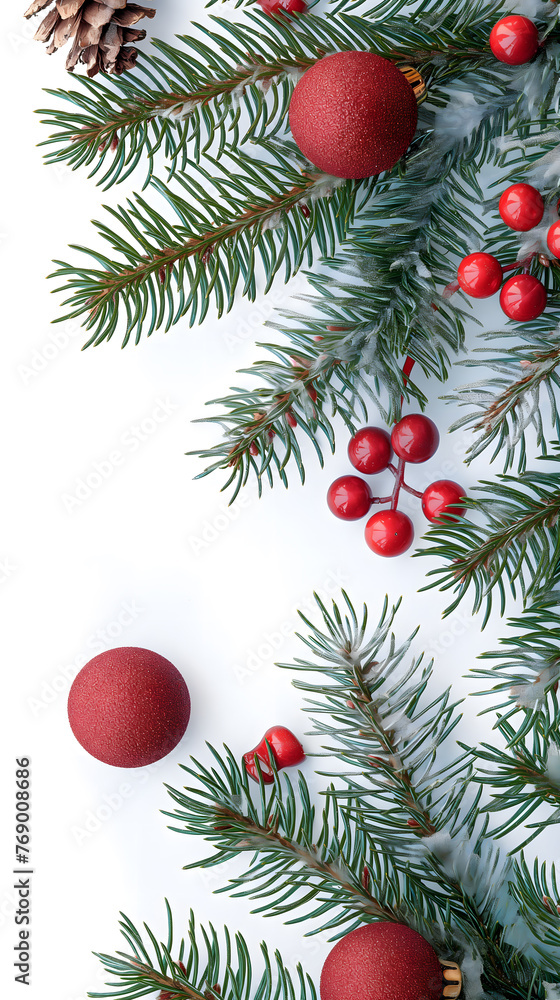 Festive Christmas Ornaments and Pine Branches on White Background