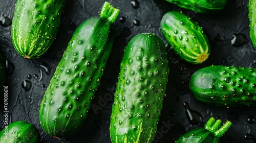 Close up of a richly textured background created by a display of fresh, organic cucumbers