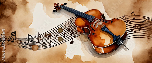 Music, musical notes, large cellos. Watercolor style illustration, colors. Pleasure for musical art, imagination, extravagance and elegance. Banner size, concert, musicians,  conductor, music school