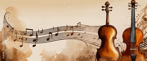 Music, musical notes, large cellos. Watercolor style illustration, colors. Pleasure for musical art, imagination, extravagance and elegance. Banner size, concert, musicians,  conductor, music school