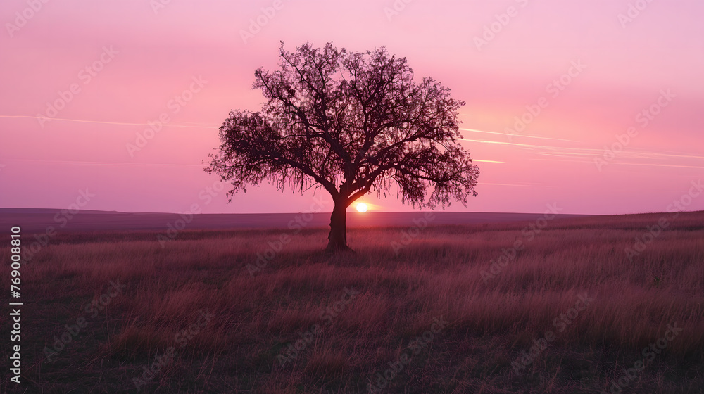 Obraz premium Tranquil Sunrise Landscape with Lone Tree and Misty Fields