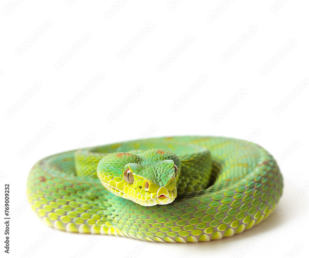 Fototapeta premium Green pit viper (Asian pit viper) isolated on white, space for text
