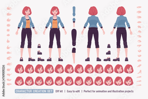 Young red choppy bob haircut pale woman, attractive girl DIY cute character creation set. Female body figure parts. Head, leg, hand gestures, different emotions, construction kit. Vector illustration