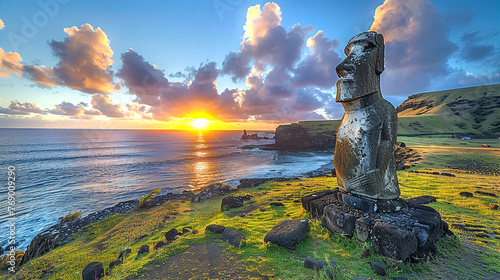 Easter island's sculptures at sunset  photo