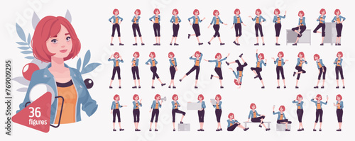 Young red choppy bob haircut pale woman, attractive girl, urban fashion character set, cute bundle. Active female work area poses, emotions, life mood, busy workspace situations. Vector illustration