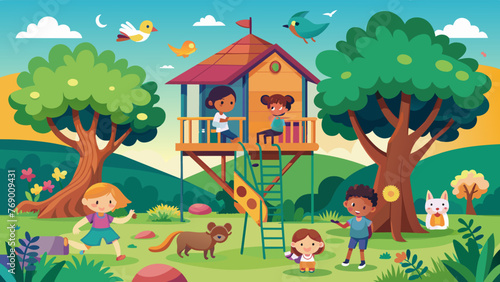 kids tree house vector illustration children nat 