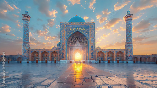 Iconic view of central Asia mosque at sunset, inspired by Iranian culture. Travel, culture and education concept 