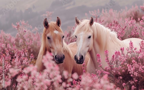 Two horses grazing on grassland surrounded by pink flowers
