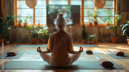 From behind, a woman sits in a lotus pose on a yoga mat, participating in a virtual yoga class in a bright, plant-filled room, embodying peace and wellness.