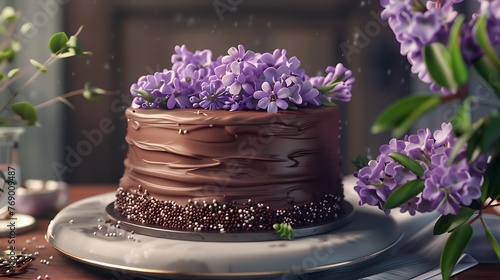 a digital masterpiece showcasing a rich chocolate cake with a thick layer of buttercream icing and beautifully piped purple icing flowers on a chic table photo