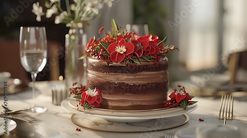 a digital masterpiece showcasing a delicious chocolate cake topped with smooth buttercream and intricate red icing flowers, beautifully presented on a chic table