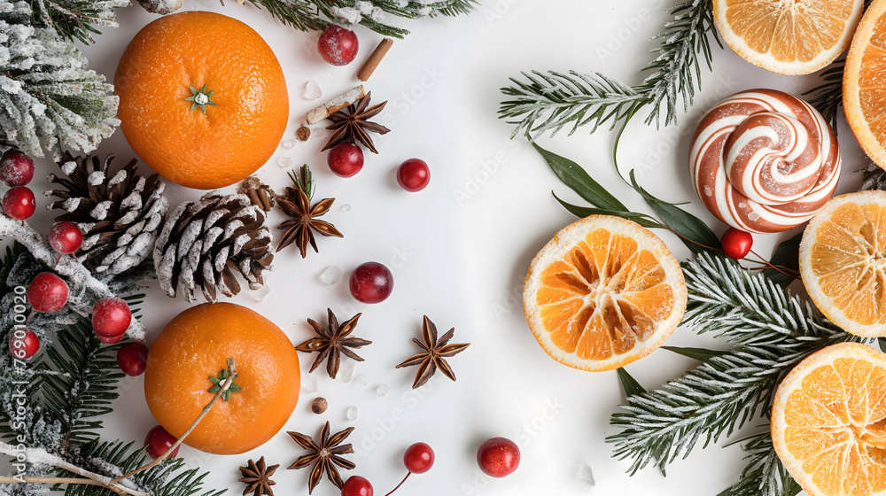 Festive Christmas Background with Oranges, Candy, and Pine Decor Festive Christmas Background with Oranges, Candy, and Pine Decor