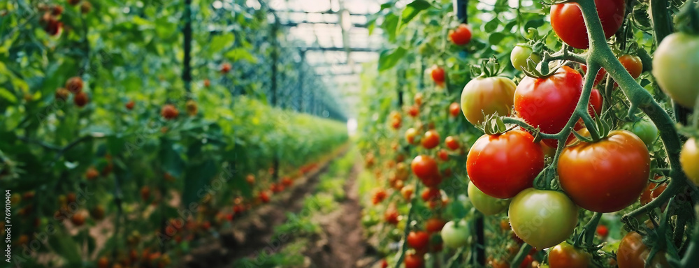 Vibrant ripe red tomatoes growing in a lush greenhouse garden. Gardening and agriculture in springtime. Panorama with copy space.