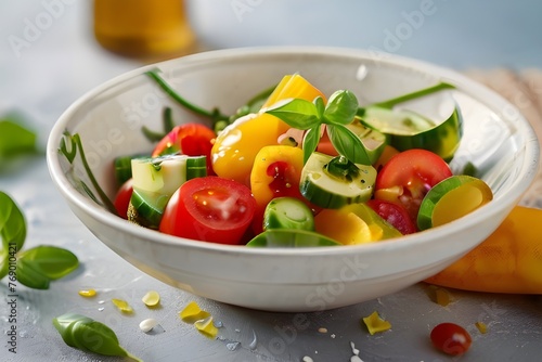 Diet vegetable salad with olive oil. Fresh mixture falls into a bowl.