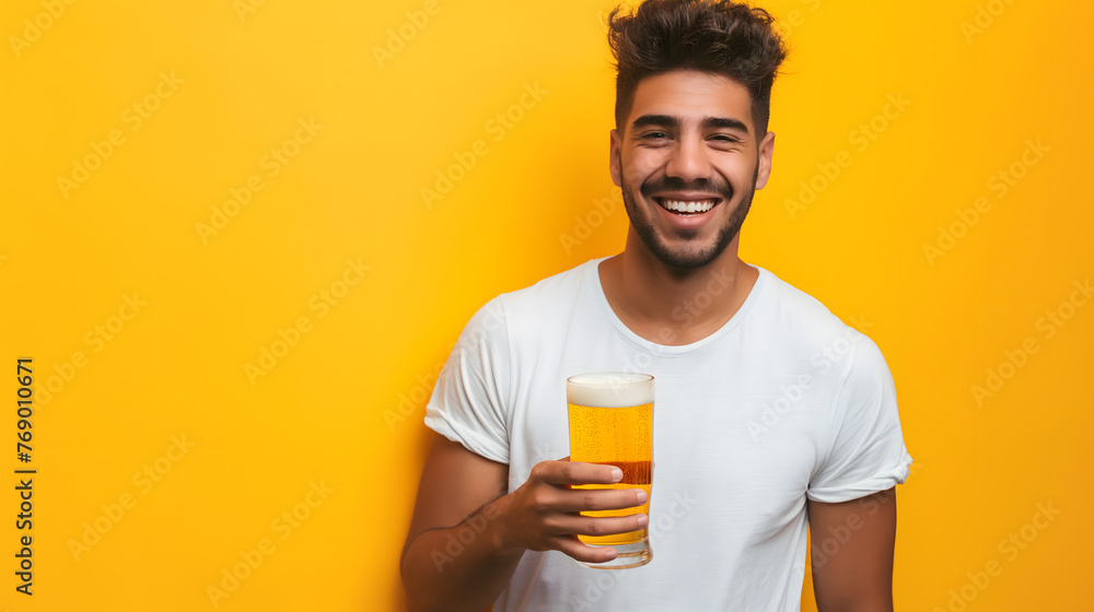 Cheerful Man Enjoying a Glass of Beer on a Bright Yellow Background Cheerful Man Enjoying a Glass of Beer on a Bright Yellow Background
