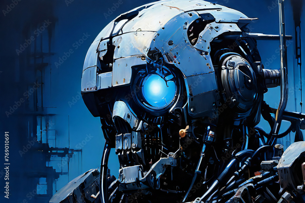 Fototapeta premium Oil painting showcasing close up view of sci-fi bizarre humanoid robot.