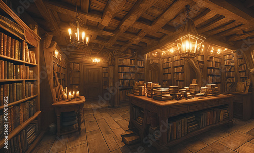 Step into the Enchanted Bookshop Nestled, its shelves hold antique books in candlelight Shadows dance on ancient tomes. Generative AI