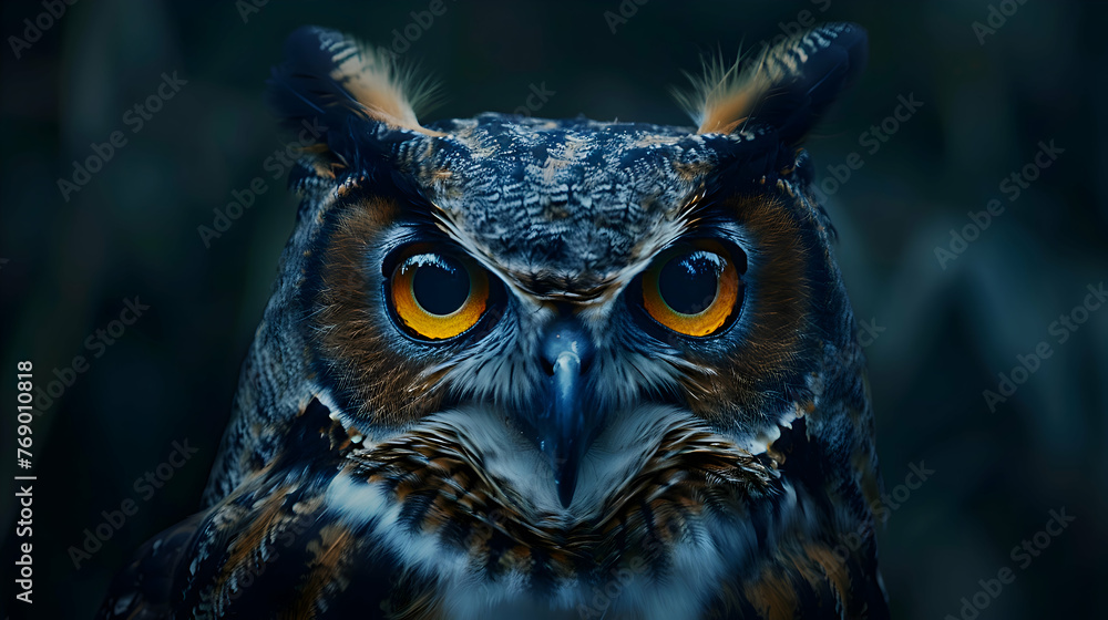 A nocturnal owl with wide eyes gazing into darkness A nocturnal owl with wide eyes gazing into darkness
