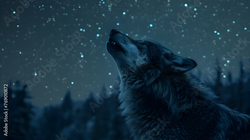 A nocturnal wolf howling beneath a star-studded sky