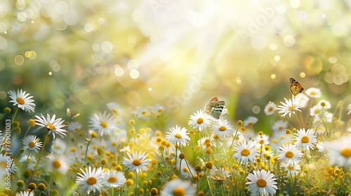 panoramic landscape sunlit field of daisies with fluttering butterflies in nature summer meadow of chamomile flowers