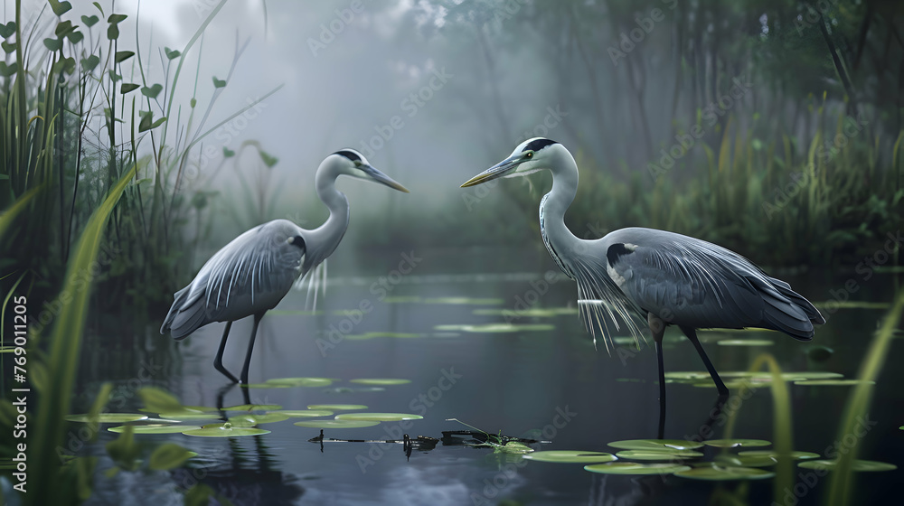 Naklejka premium A pair of elegant herons fishing in a tranquil marsh